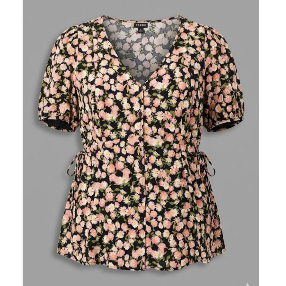 Torrid Womens 2X Boho Cottagecore Feminine Daisy Challis Side Tie V-Neck Blouse